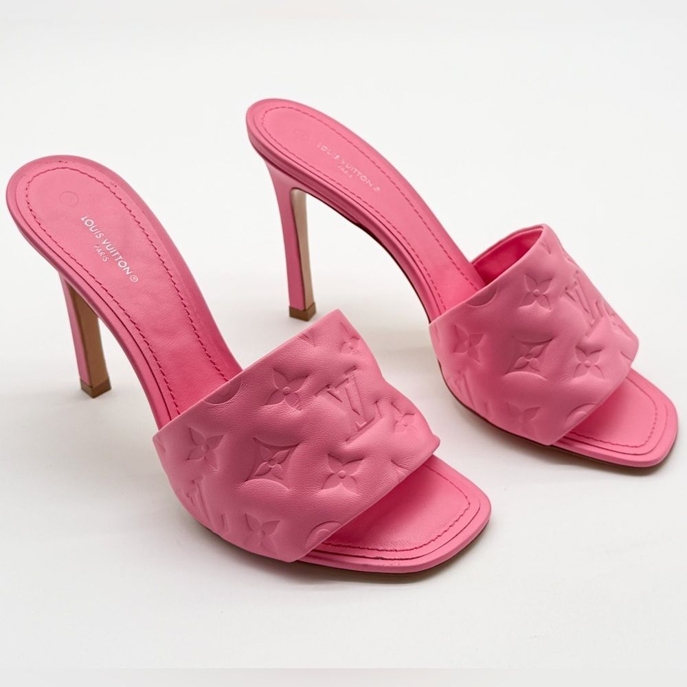 Louis Vuitton Revival Mule Heel Sandals Pink Monogram Embossed Leather EU 40